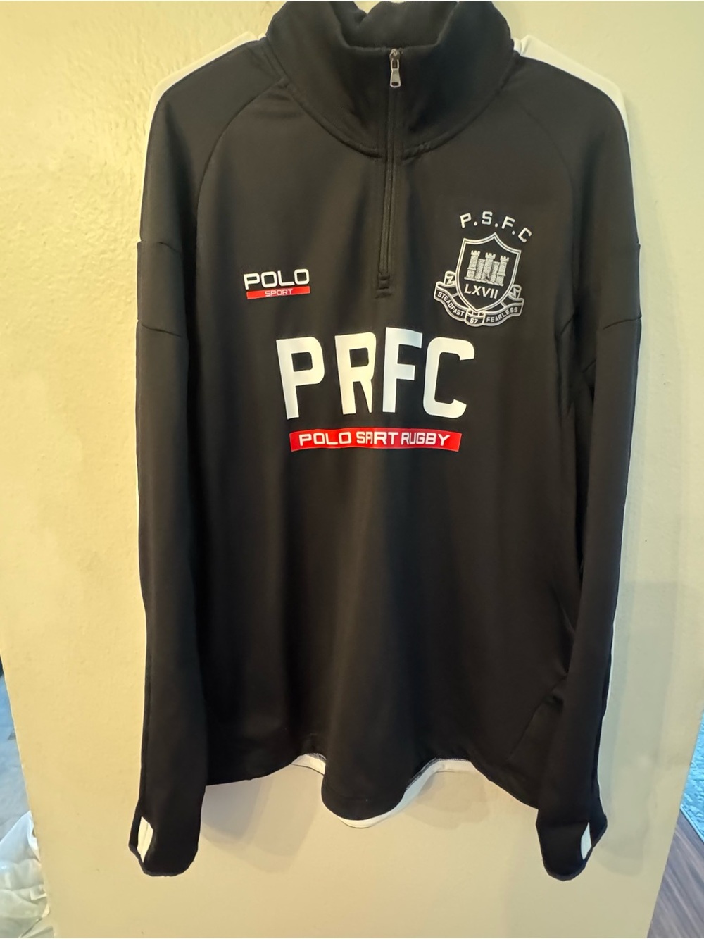 Ralph Lauren PRFC Black Quarter-Zip Rugby Pullover with White & Red Accents